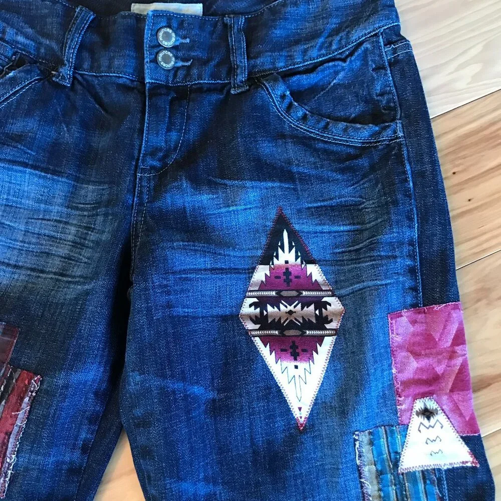 Upcycled Southwest Aztec Patchwork Denim Capris Western Gauchos Size 7-8